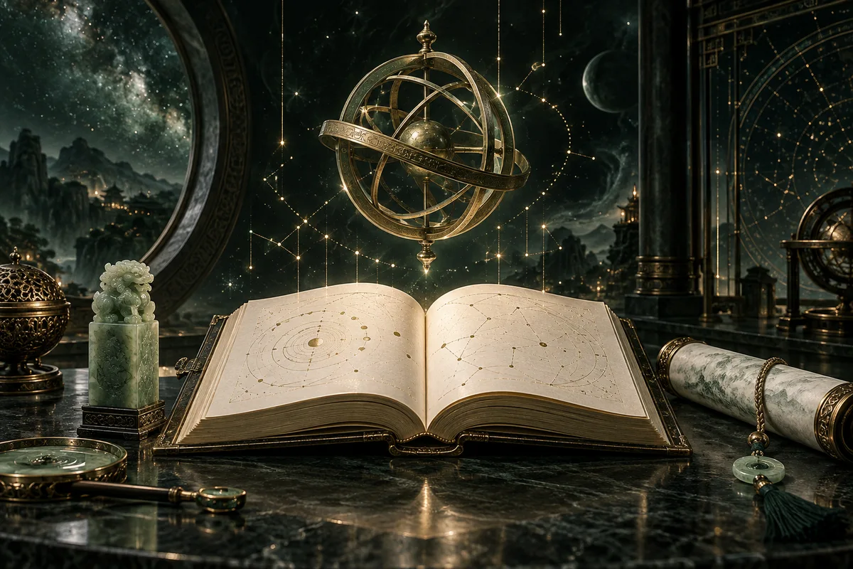 Открытая книга небесных карт и парящая армиллярная сфера в космической библиотеке